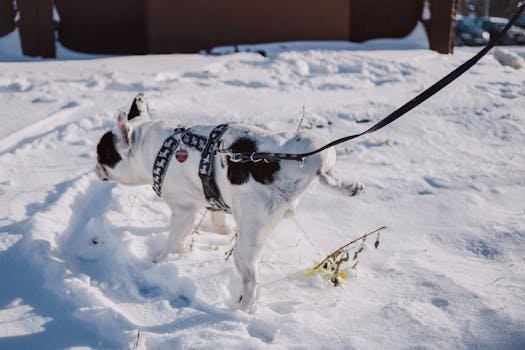 A French Bulldog on a leash enjoying a snowy walk during winter. xixi